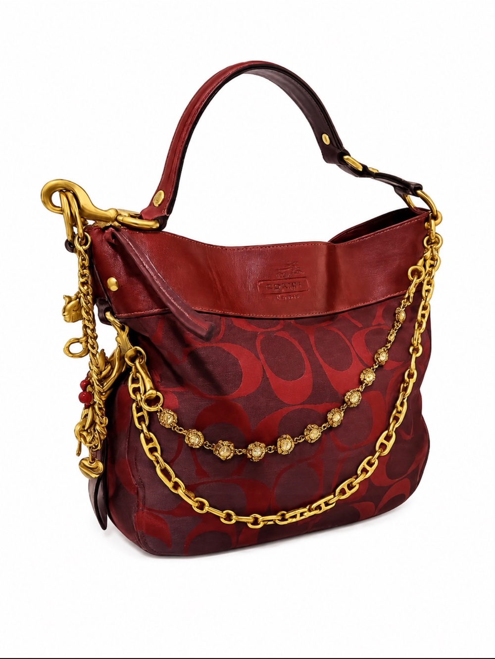 Coach Red Signature Hobo with Gold Accents